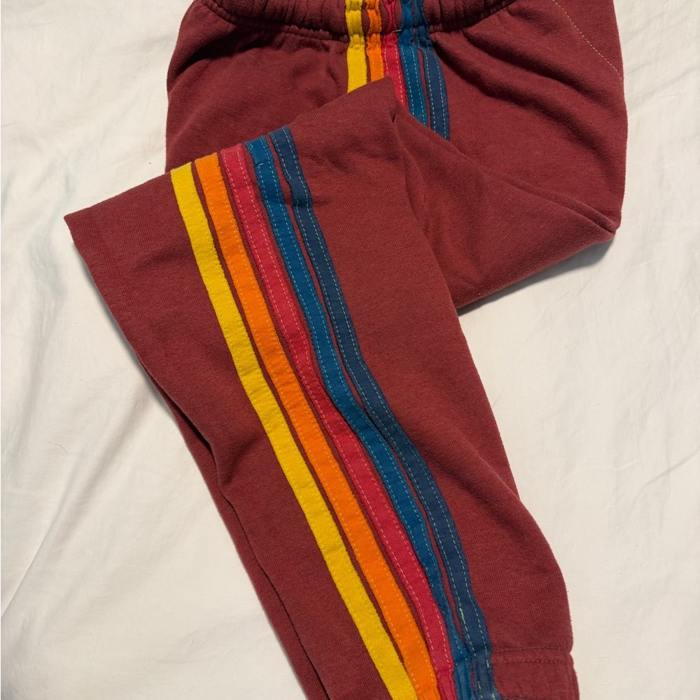 Aviator Nation Maroon Joggers with Yellow Orange Red and Blue Side Stripes